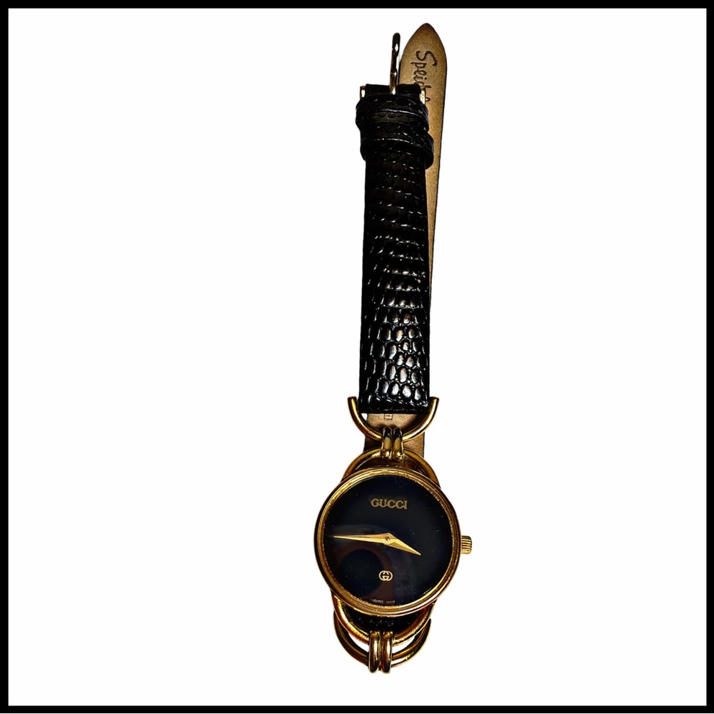 GUCCI VINTAGE 6000L Black & Gold Leather Strap Watch - Picture 7 of 11